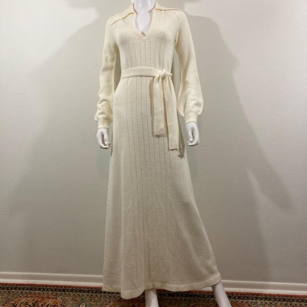 Wenjilli Vintage Knit Long Sleeve Cream Maxi Belted Sweater Dress